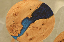 Load image into Gallery viewer, Hand made stunning pippy oak side table set of two with mixed blue and mid night blue resin, End table.