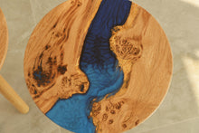 Load image into Gallery viewer, Hand made stunning pippy oak side table set of two with mixed blue and mid night blue resin, End table.