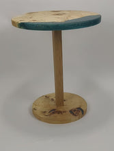 Load and play video in Gallery viewer, Unique and stunning European poplar mappa burl side table with mix of forest green &amp; blue resin.
