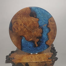 Load and play video in Gallery viewer, Turquoise blue epoxy resin with burl Scottish Elm hanging wall clock 35cm Diameter, Clock could be rotate to any hanging position.
