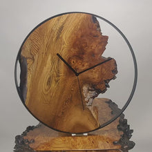 Load and play video in Gallery viewer, Stunning burl Scottish Elm wood hanging wall clock with metal rim 38cm Diameter, Clock could be rotate to any hanging position.
