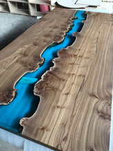 Load image into Gallery viewer, Epoxy resin live edge, Elm, Oak, Walnut, Poplar mappa, Maple, Olive wood, Custom Order table, Waney edge wood dinning and coffee table
