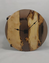 Load and play video in Gallery viewer, Large light black and brown transparent epoxy resin with pippy oak wall clock, 57cm Diameter.
