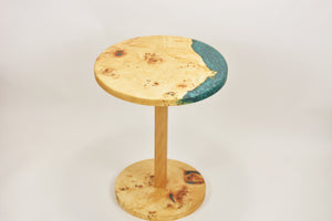 Unique and stunning European poplar mappa burl side table with mix of forest green & blue resin.