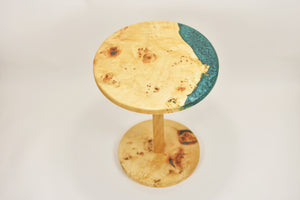 Unique and stunning European poplar mappa burl side table with mix of forest green & blue resin.