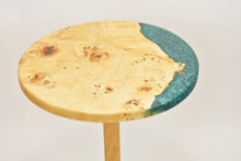 Load image into Gallery viewer, Unique and stunning European poplar mappa burl side table with mix of forest green &amp; blue resin.
