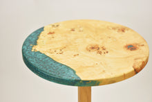Load image into Gallery viewer, Unique and stunning European poplar mappa burl side table with mix of forest green &amp; blue resin.
