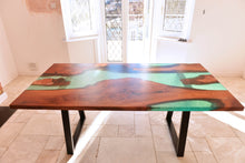 Load image into Gallery viewer, Epoxy resin live edge, Elm, Oak, Walnut, Poplar mappa, Maple, Olive wood, Custom Order table, Waney edge wood dinning and coffee table
