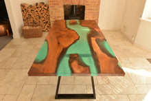 Load image into Gallery viewer, Epoxy resin live edge, Elm, Oak, Walnut, Poplar mappa, Maple, Olive wood, Custom Order table, Waney edge wood dinning and coffee table
