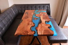 Load image into Gallery viewer, Epoxy resin live edge, Elm, Oak, Walnut, Poplar mappa, Maple, Olive wood, Custom Order table, Waney edge wood dinning and coffee table
