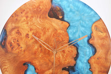 Load image into Gallery viewer, Turquoise blue epoxy resin with burl Scottish Elm hanging wall clock 35cm Diameter, Clock could be rotate to any hanging position.

