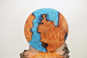 Turquoise blue epoxy resin with burl Scottish Elm hanging wall clock 35cm Diameter, Clock could be rotate to any hanging position.