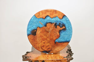 Turquoise blue epoxy resin with burl Scottish Elm hanging wall clock 35cm Diameter, Clock could be rotate to any hanging position.