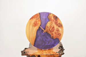 Violet epoxy resin with burl Scottish Elm hanging wall clock 35cm Diameter, Clock could be rotate to any hanging position.