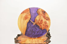 Load image into Gallery viewer, Violet epoxy resin with burl Scottish Elm hanging wall clock 35cm Diameter, Clock could be rotate to any hanging position.

