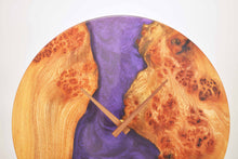 Load image into Gallery viewer, Violet epoxy resin with burl Scottish Elm hanging wall clock 35cm Diameter, Clock could be rotate to any hanging position.
