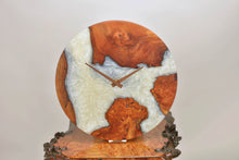 Load image into Gallery viewer, Pearl and arctic white epoxy resin with burl Scottish Elm hanging wall clock 35cm Diameter, Clock could be rotate to any hanging position.
