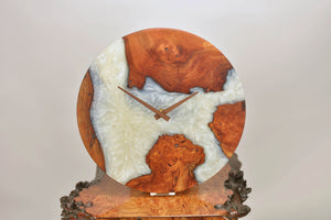 Pearl and arctic white epoxy resin with burl Scottish Elm hanging wall clock 35cm Diameter, Clock could be rotate to any hanging position.