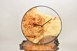 European poplar mappa burl hanging wall clock with metal rim 38cm Diameter, Clock could be rotate to any hanging position.