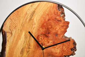 Stunning burl Scottish Elm wood hanging wall clock with metal rim 38cm Diameter, Clock could be rotate to any hanging position.