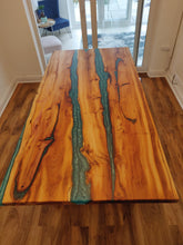 Load image into Gallery viewer, Epoxy resin live edge, Elm, Oak, Walnut, Poplar mappa, Maple, Olive wood, Custom Order table, Waney edge wood dinning and coffee table
