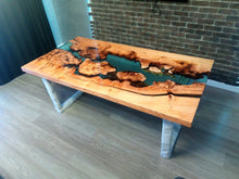 Load image into Gallery viewer, Epoxy resin live edge, Elm, Oak, Walnut, Poplar mappa, Maple, Olive wood, Custom Order table, Waney edge wood dinning and coffee table
