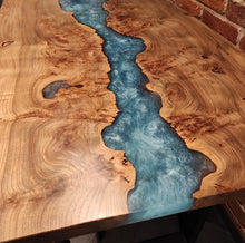 Load image into Gallery viewer, Epoxy resin live edge, Elm, Oak, Walnut, Poplar mappa, Maple, Olive wood, Custom Order table, Waney edge wood dinning and coffee table
