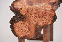 Load image into Gallery viewer, Creative live edge Scottish Elm waterfall end table, Waney edge waterfall side table, Figured slab wood furniture
