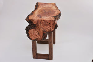 Creative live edge Scottish Elm waterfall end table, Waney edge waterfall side table, Figured slab wood furniture
