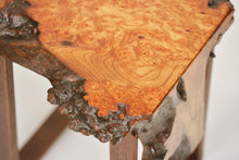 Load image into Gallery viewer, Stunning live edge burl Scottish Elm waterfall end table, Waney edge waterfall side table, Figured slab wood furniture.

