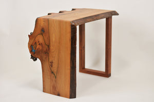 Stunning live edge burl Scottish Elm waterfall end table, Waney edge waterfall side table, Figured slab wood furniture.