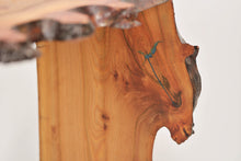 Load image into Gallery viewer, Stunning live edge burl Scottish Elm waterfall end table, Waney edge waterfall side table, Figured slab wood furniture.
