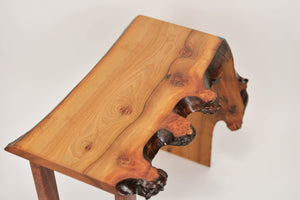 Stunning live edge burl Scottish Elm waterfall end table, Waney edge waterfall side table, Figured slab wood furniture.