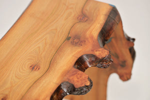 Stunning live edge burl Scottish Elm waterfall end table, Waney edge waterfall side table, Figured slab wood furniture.