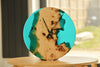 Poplar mappa burl timber 40cm daiameter wall hanging clock with transparent turquoise resin.