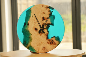 Poplar mappa burl timber 40cm daiameter wall hanging clock with transparent turquoise resin.