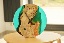 Load image into Gallery viewer, Poplar mappa burl timber 40cm daiameter wall hanging clock with transparent turquoise blue resin.
