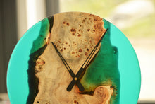 Load image into Gallery viewer, Poplar mappa burl timber 40cm daiameter wall hanging clock with transparent turquoise blue resin.
