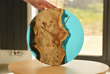 Load image into Gallery viewer, Poplar mappa burl timber 40cm daiameter wall hanging clock with transparent Light blue resin.
