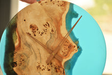 Load image into Gallery viewer, Poplar mappa burl timber 40cm daiameter wall hanging clock with transparent Light blue resin.
