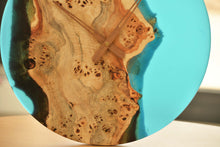 Load image into Gallery viewer, Poplar mappa burl timber 40cm daiameter wall hanging clock with transparent Light blue resin.

