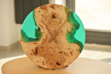 Load image into Gallery viewer, Poplar mappa burl timber 40cm daiameter wall hanging clock with transparent Light green resin.
