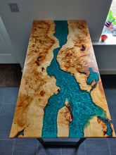 Load image into Gallery viewer, Epoxy resin live edge, Elm, Oak, Walnut, Poplar mappa, Maple, Olive wood, Custom Order table, Waney edge wood dinning and coffee table
