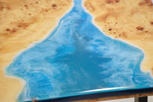 Stunning Poplar Burl timber with ocean effect resin coffee table.