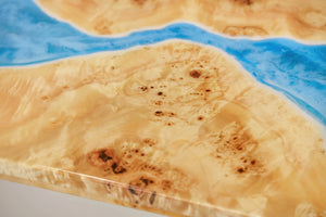 Stunning Poplar Burl timber with ocean effect resin coffee table.