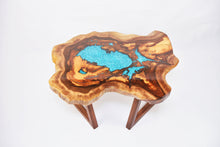 Load image into Gallery viewer, Round sliced walnut resin coffee table with unique cracks and holes inlays in turquoise colour
