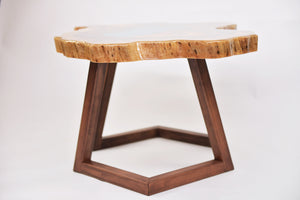 Round sliced walnut resin coffee table with unique cracks and holes inlays in turquoise colour