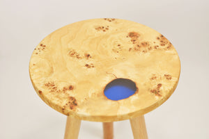 Creative side table, European Poplar mappa burl with dark blue transparent resin end table.