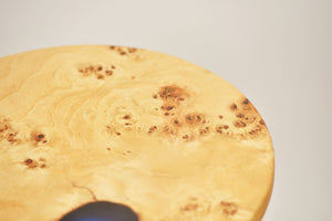 Creative side table, European Poplar mappa burl with dark blue transparent resin end table.