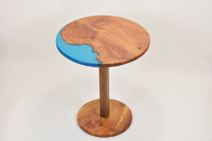 Unique and stunning burl Scottish Elm side table with transparent blue resin.
